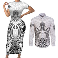 Hawaii Polynesian Couples Matching Short Sleeve Bodycon Dress and Long Sleeve Button Shirts Warrior symbol - Wonder Print Shop