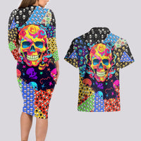Skull Pattern Couples Matching Long Sleeve Bodycon Dress and Hawaiian Shirt Colorful Skull Pattern Mix - Wonder Print Shop