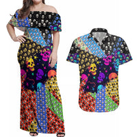 Skull Pattern Couples Matching Off Shoulder Maxi Dress and Hawaiian Shirt Colorful Skull Pattern Mix - Wonder Print Shop