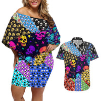 Skull Pattern Couples Matching Off Shoulder Short Dress and Hawaiian Shirt Colorful Skull Pattern Mix - Wonder Print Shop