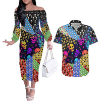 Skull Pattern Couples Matching Off The Shoulder Long Sleeve Dress and Hawaiian Shirt Colorful Skull Pattern Mix - Wonder Print Shop