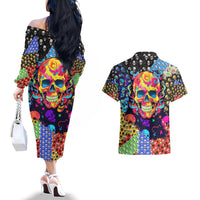 Skull Pattern Couples Matching Off The Shoulder Long Sleeve Dress and Hawaiian Shirt Colorful Skull Pattern Mix - Wonder Print Shop