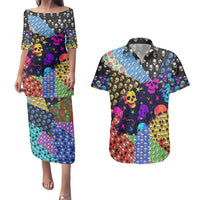 Skull Pattern Couples Matching Puletasi Dress and Hawaiian Shirt Colorful Skull Pattern Mix - Wonder Print Shop