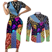 Skull Pattern Couples Matching Short Sleeve Bodycon Dress and Long Sleeve Button Shirts Colorful Skull Pattern Mix - Wonder Print Shop