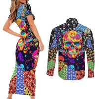 Skull Pattern Couples Matching Short Sleeve Bodycon Dress and Long Sleeve Button Shirts Colorful Skull Pattern Mix - Wonder Print Shop