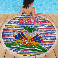 Haiti Christmas Beach Blanket with Blue Red Yellow Xmas Santa Sleigh and Coat of Arms - Wonder Print Shop
