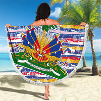 Haiti Christmas Beach Blanket with Blue Red Yellow Xmas Santa Sleigh and Coat of Arms - Wonder Print Shop