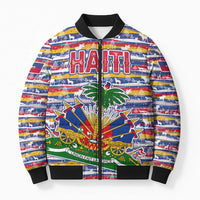 Haiti Christmas Bomber Puffer Jacket with Blue Red Yellow Xmas Santa Sleigh and Coat of Arms - Wonder Print Shop