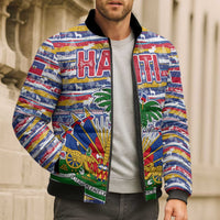 Haiti Christmas Bomber Puffer Jacket with Blue Red Yellow Xmas Santa Sleigh and Coat of Arms - Wonder Print Shop