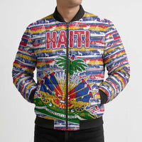 Haiti Christmas Bomber Puffer Jacket with Blue Red Yellow Xmas Santa Sleigh and Coat of Arms - Wonder Print Shop