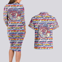 Haiti Christmas Couples Matching Long Sleeve Bodycon Dress and Hawaiian Shirt with Blue Red Yellow Xmas Santa Sleigh and Coat of Arms - Wonder Print Shop