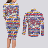 Haiti Christmas Couples Matching Long Sleeve Bodycon Dress and Long Sleeve Button Shirt with Blue Red Yellow Xmas Santa Sleigh and Coat of Arms - Wonder Print Shop