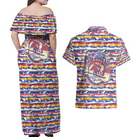 Haiti Christmas Couples Matching Off Shoulder Maxi Dress and Hawaiian Shirt with Blue Red Yellow Xmas Santa Sleigh and Coat of Arms - Wonder Print Shop