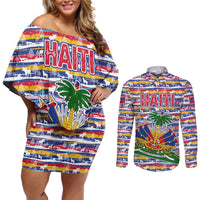 Haiti Christmas Couples Matching Off Shoulder Short Dress and Long Sleeve Button Shirt with Blue Red Yellow Xmas Santa Sleigh and Coat of Arms - Wonder Print Shop