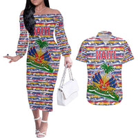 Haiti Christmas Couples Matching Off The Shoulder Long Sleeve Dress and Hawaiian Shirt with Blue Red Yellow Xmas Santa Sleigh and Coat of Arms - Wonder Print Shop
