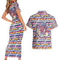 Haiti Christmas Couples Matching Short Sleeve Bodycon Dress and Hawaiian Shirt with Blue Red Yellow Xmas Santa Sleigh and Coat of Arms - Wonder Print Shop
