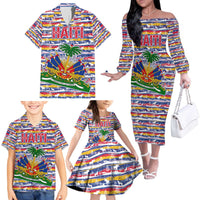 Haiti Christmas Family Matching Off The Shoulder Long Sleeve Dress and Hawaiian Shirt with Blue Red Yellow Xmas Santa Sleigh and Coat of Arms - Wonder Print Shop