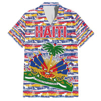 Haiti Christmas Family Matching Off Shoulder Short Dress and Hawaiian Shirt with Blue Red Yellow Xmas Santa Sleigh and Coat of Arms - Wonder Print Shop