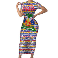 Haiti Christmas Family Matching Short Sleeve Bodycon Dress and Hawaiian Shirt with Blue Red Yellow Xmas Santa Sleigh and Coat of Arms - Wonder Print Shop