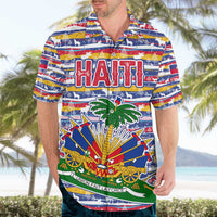 Haiti Christmas Hawaiian Shirt with Blue Red Yellow Xmas Santa Sleigh and Coat of Arms - Wonder Print Shop