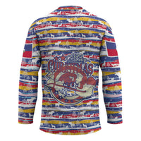 Haiti Christmas Hockey Jersey with Blue Red Yellow Xmas Santa Sleigh and Coat of Arms - Wonder Print Shop