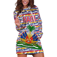 Haiti Christmas Hoodie Dress with Blue Red Yellow Xmas Santa Sleigh and Coat of Arms - Wonder Print Shop