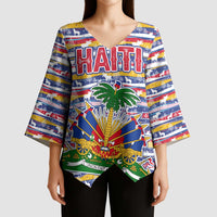 Haiti Christmas Kimono Sleeve Blouse with Blue Red Yellow Xmas Santa Sleigh and Coat of Arms - Wonder Print Shop