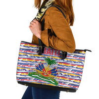 Haiti Christmas Leather Tote Bag with Blue Red Yellow Xmas Santa Sleigh and Coat of Arms - Wonder Print Shop