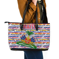 Haiti Christmas Leather Tote Bag with Blue Red Yellow Xmas Santa Sleigh and Coat of Arms - Wonder Print Shop