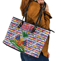 Haiti Christmas Leather Tote Bag with Blue Red Yellow Xmas Santa Sleigh and Coat of Arms - Wonder Print Shop