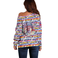 Haiti Christmas Off Shoulder Sweater with Blue Red Yellow Xmas Santa Sleigh and Coat of Arms - Wonder Print Shop