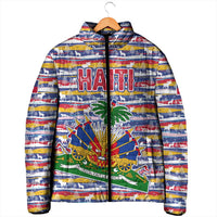 Haiti Christmas Padded Jacket with Blue Red Yellow Xmas Santa Sleigh and Coat of Arms - Wonder Print Shop