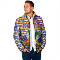 Haiti Christmas Padded Jacket with Blue Red Yellow Xmas Santa Sleigh and Coat of Arms - Wonder Print Shop