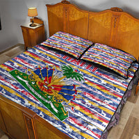 Haiti Christmas Quilt Bed Set with Blue Red Yellow Xmas Santa Sleigh and Coat of Arms - Wonder Print Shop