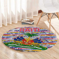 Haiti Christmas Round Carpet with Blue Red Yellow Xmas Santa Sleigh and Coat of Arms - Wonder Print Shop