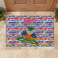 Haiti Christmas Rubber Doormat with Blue Red Yellow Xmas Santa Sleigh and Coat of Arms - Wonder Print Shop