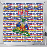 Haiti Christmas Shower Curtain with Blue Red Yellow Xmas Santa Sleigh and Coat of Arms - Wonder Print Shop