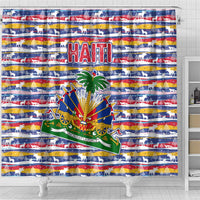 Haiti Christmas Shower Curtain with Blue Red Yellow Xmas Santa Sleigh and Coat of Arms - Wonder Print Shop