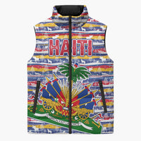 Haiti Christmas Sleeveless Puffer Jacket with Blue Red Yellow Xmas Santa Sleigh and Coat of Arms - Wonder Print Shop