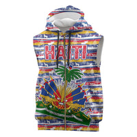 Haiti Christmas Sleeveless Zip Hoodie with Blue Red Yellow Xmas Santa Sleigh and Coat of Arms - Wonder Print Shop