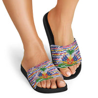 Haiti Christmas Slide Sandals with Blue Red Yellow Xmas Santa Sleigh and Coat of Arms - Wonder Print Shop