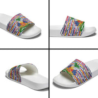 Haiti Christmas Slide Sandals with Blue Red Yellow Xmas Santa Sleigh and Coat of Arms - Wonder Print Shop