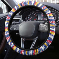 Haiti Christmas Steering Wheel Cover with Blue Red Yellow Xmas Santa Sleigh and Coat of Arms - Wonder Print Shop