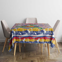 Haiti Christmas Tablecloth with Blue Red Yellow Xmas Santa Sleigh and Coat of Arms - Wonder Print Shop