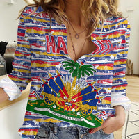 Haiti Christmas Women Casual Shirt with Blue Red Yellow Xmas Santa Sleigh and Coat of Arms - Wonder Print Shop