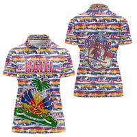 Haiti Christmas Women Polo Shirt with Blue Red Yellow Xmas Santa Sleigh and Coat of Arms - Wonder Print Shop