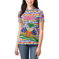 Haiti Christmas Women Polo Shirt with Blue Red Yellow Xmas Santa Sleigh and Coat of Arms - Wonder Print Shop