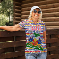 Haiti Christmas Women Polo Shirt with Blue Red Yellow Xmas Santa Sleigh and Coat of Arms - Wonder Print Shop