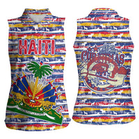 Haiti Christmas Women Sleeveless Polo Shirt with Blue Red Yellow Xmas Santa Sleigh and Coat of Arms - Wonder Print Shop