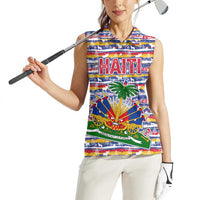Haiti Christmas Women Sleeveless Polo Shirt with Blue Red Yellow Xmas Santa Sleigh and Coat of Arms - Wonder Print Shop